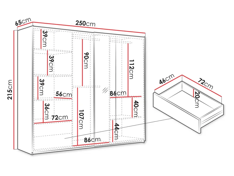 Ceyris Vaatekaappi Peilillä 250 cm - Säilytys - Vaatesäilytys - Vaatekaappi