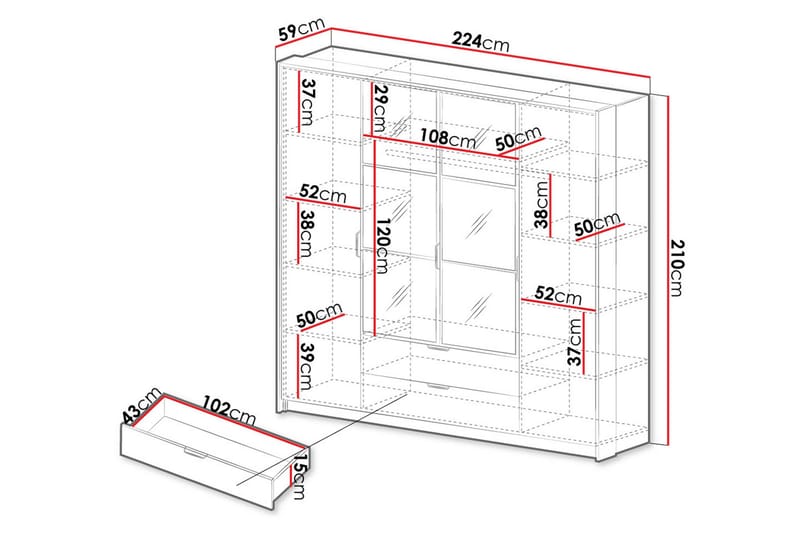 Coralina Vaatekaappi Peilillä 224x210 cm - Ruskea/Musta - Säilytys - Vaatesäilytys - Vaatekaappi