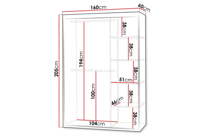 Duets Vaatekaappi Peilillä 160x205 cm - Musta - Säilytys - Vaatesäilytys - Vaatekaappi