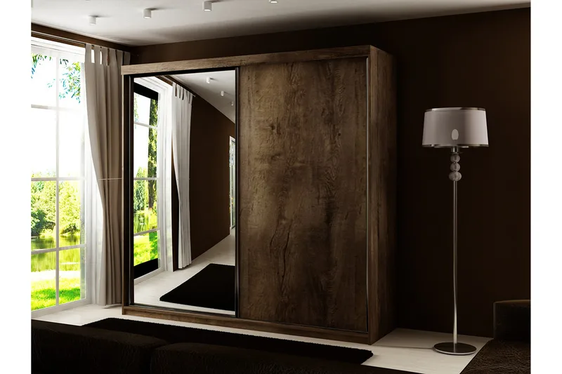 Dunkra Vaatekaappi Peilillä 200x200 cm - Ruskea - Säilytys - Vaatesäilytys - Vaatekaappi