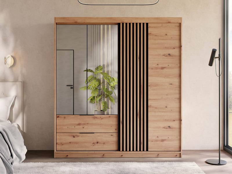 Elvyn Vaatekaappi peilillä 203x213 cm - Ruskea - Säilytys - Vaatesäilytys - Vaatekaappi