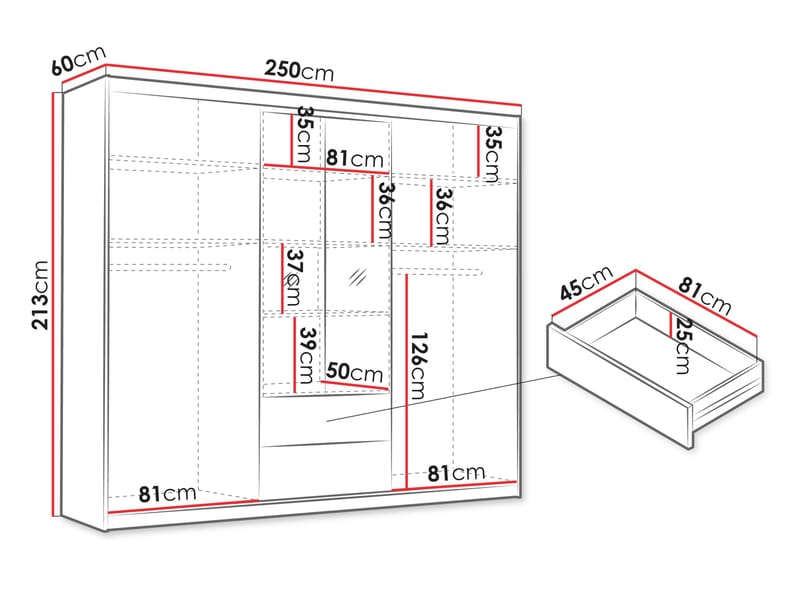 Elvyn Vaatekaappi peilillä 250x213 cm - Ruskea - Säilytys - Vaatesäilytys - Vaatekaappi