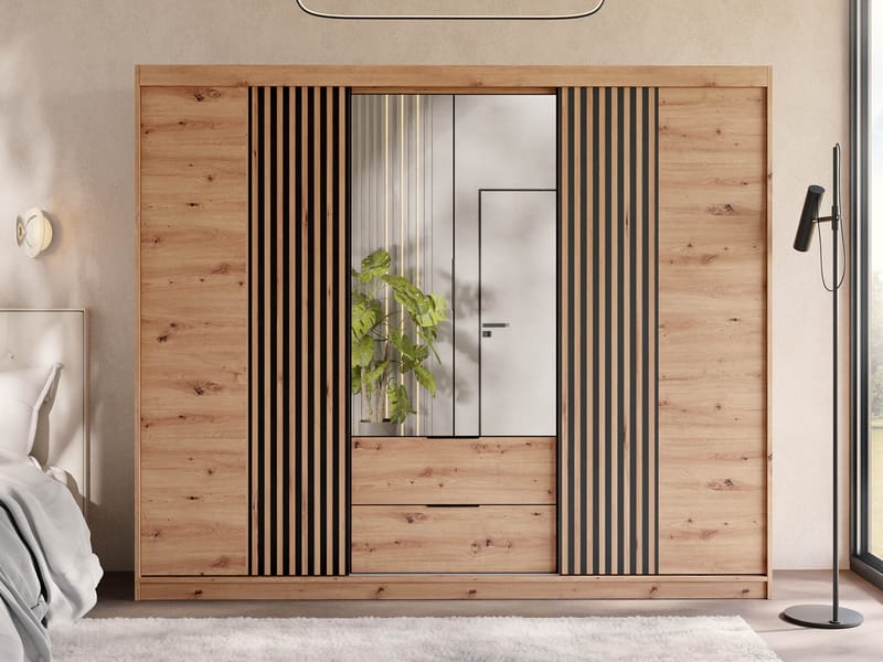 Elvyn Vaatekaappi peilillä 250x213 cm - Ruskea - Säilytys - Vaatesäilytys - Vaatekaappi