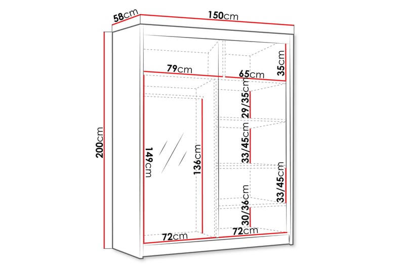 Emet Vaatekaappi Peilillä 150x200 cm Musta/Valkoinen - Musta/Valkoinen - Säilytys - Vaatesäilytys - Vaatekaappi