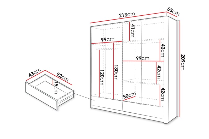 Forba Vaatekaappi Peilillä 213x209 cm - Valkoinen - Säilytys - Vaatesäilytys - Vaatekaappi
