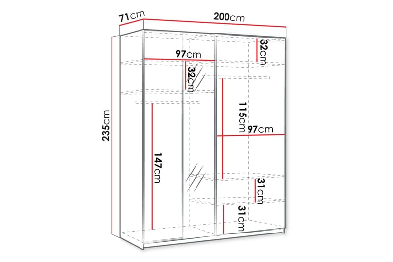 Haruna Vaatekaappi Peilillä 200x235 cm - Valkoinen - Säilytys - Vaatesäilytys - Vaatekaappi