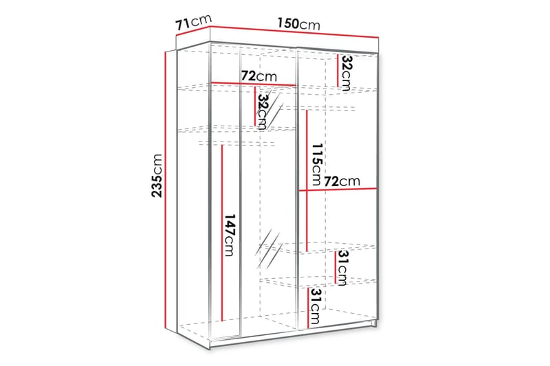 Haruna Vaatekaappi Peilillä 150x235 cm - Valkoinen - Säilytys - Vaatesäilytys - Vaatekaappi