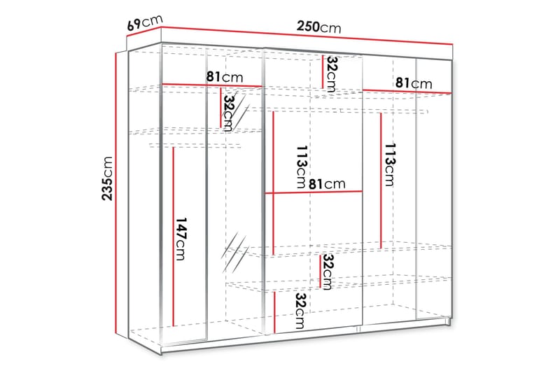 Haruna Vaatekaappi Peilillä 250x235 cm - Valkoinen - Säilytys - Vaatesäilytys - Vaatekaappi