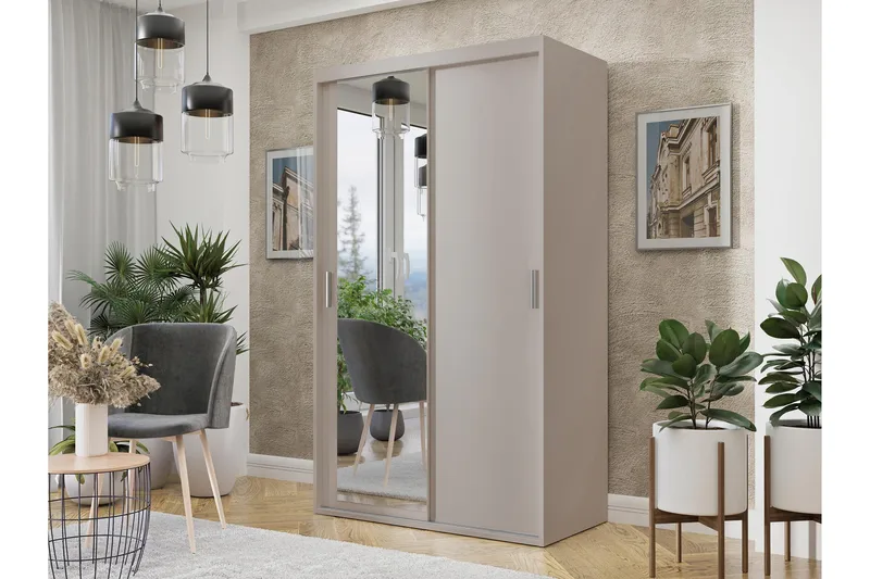 Harvinder Vaatekaappi peilillä 120x205 cm - Beige - Säilytys - Vaatesäilytys - Vaatekaappi