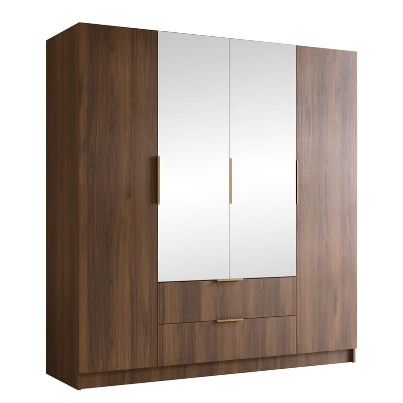 Herrljunga Vaatekaappi Peilillä 200x215 cm Laatikoilla, Ruskea/Kulta/Peili