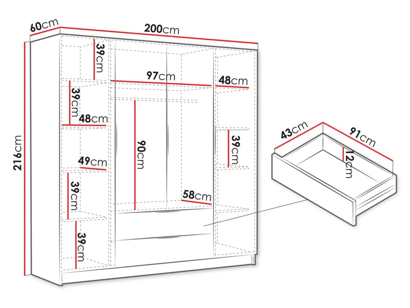 Kelros Vaatekaappi 200x216 cm - Valkoinen - Säilytys - Vaatesäilytys - Vaatekaappi