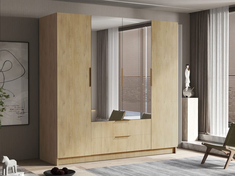 Kelros Vaatekaappi peilillä 200x216 cm - Ruskea - Säilytys - Vaatesäilytys - Vaatekaappi