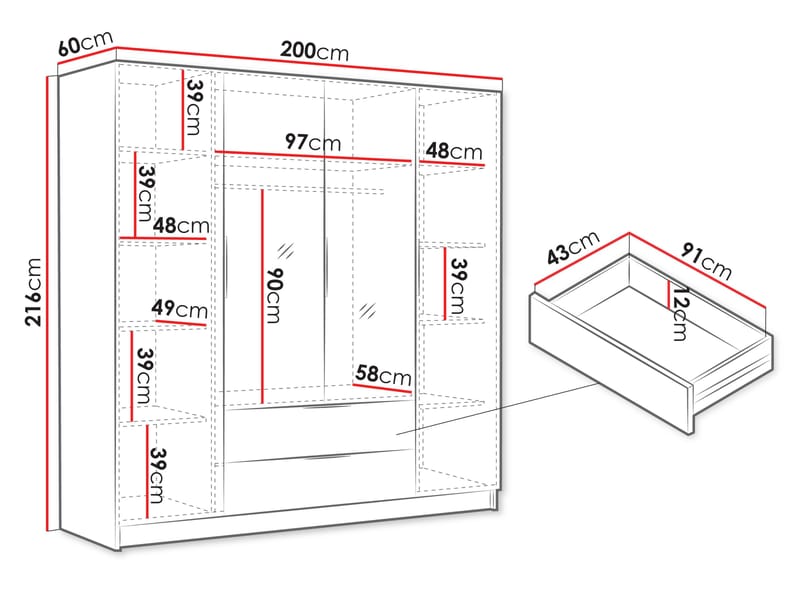 Kelros Vaatekaappi peilillä 200x216 cm - Musta - Säilytys - Vaatesäilytys - Vaatekaappi