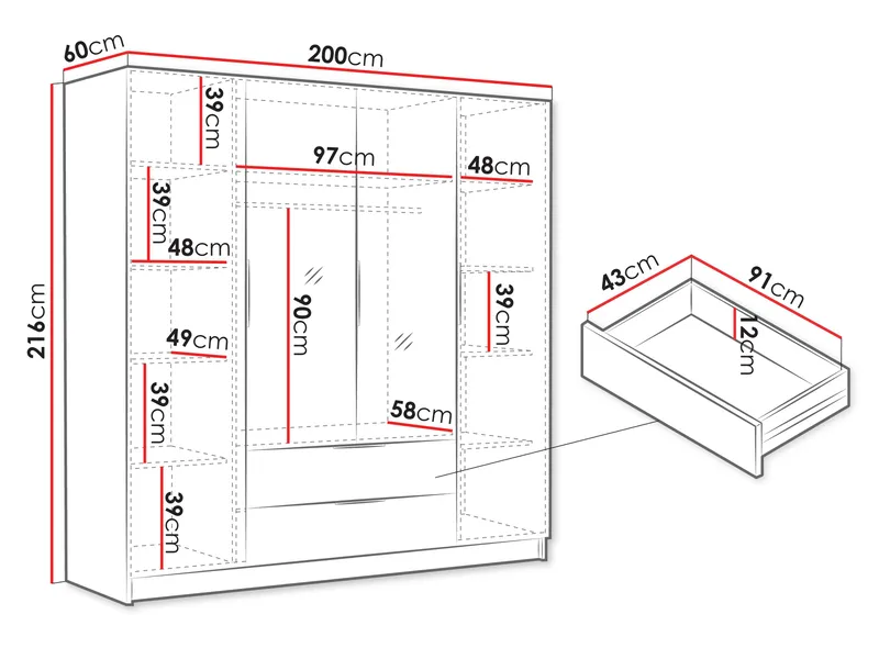 Kelros Vaatekaappi peilillä 200x216 cm - Musta - Säilytys - Vaatesäilytys - Vaatekaappi