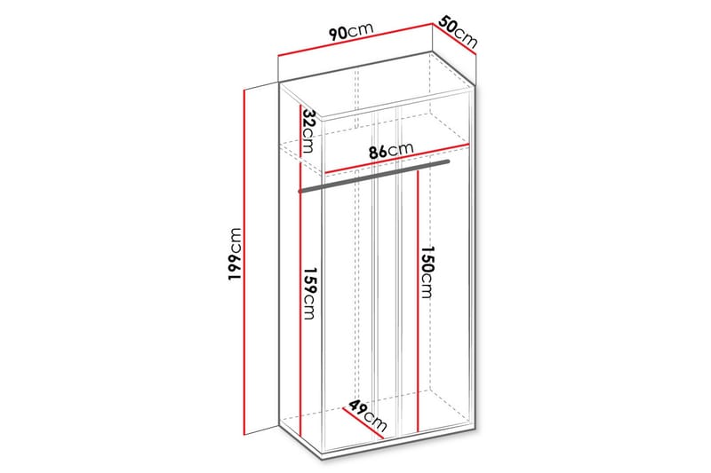 Metropolitan Vaatekaappi 90x199 cm - Valkoinen/Harmaa/Musta - Säilytys - Vaatesäilytys - Vaatekaappi