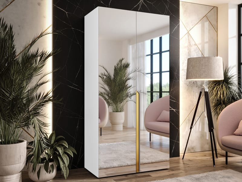 Milias-vaatekaappi peilillä 100x202 cm - valkoinen / kulta - Säilytys - Vaatesäilytys - Vaatekaappi