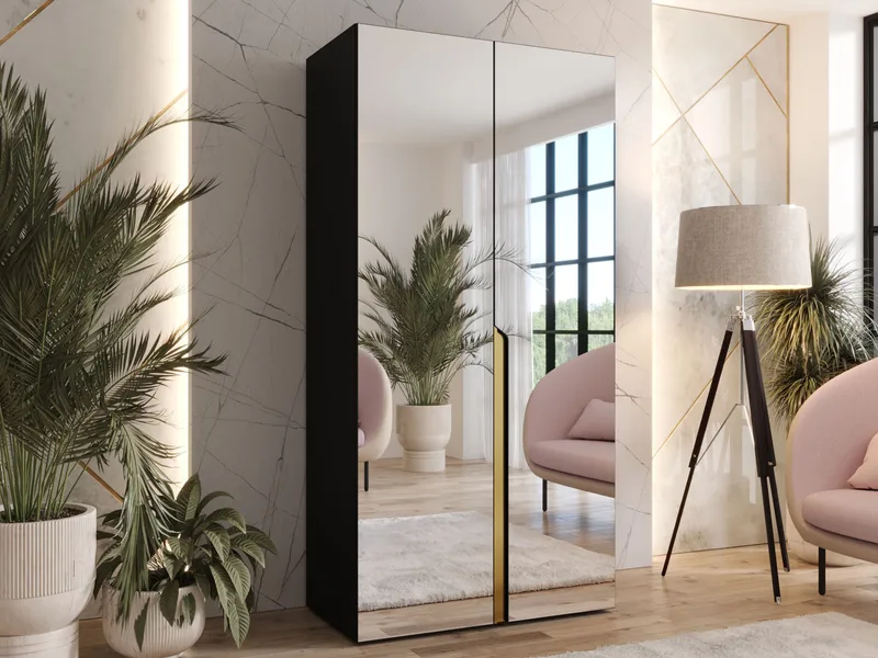 Milias-vaatekaappi peilillä 100x202 cm - musta / kulta - Säilytys - Vaatesäilytys - Vaatekaappi