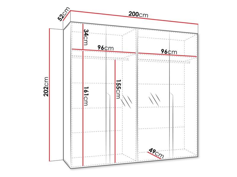 Milias-vaatekaappi peilillä 200x202 cm - valkoinen - Säilytys - Vaatesäilytys - Vaatekaappi