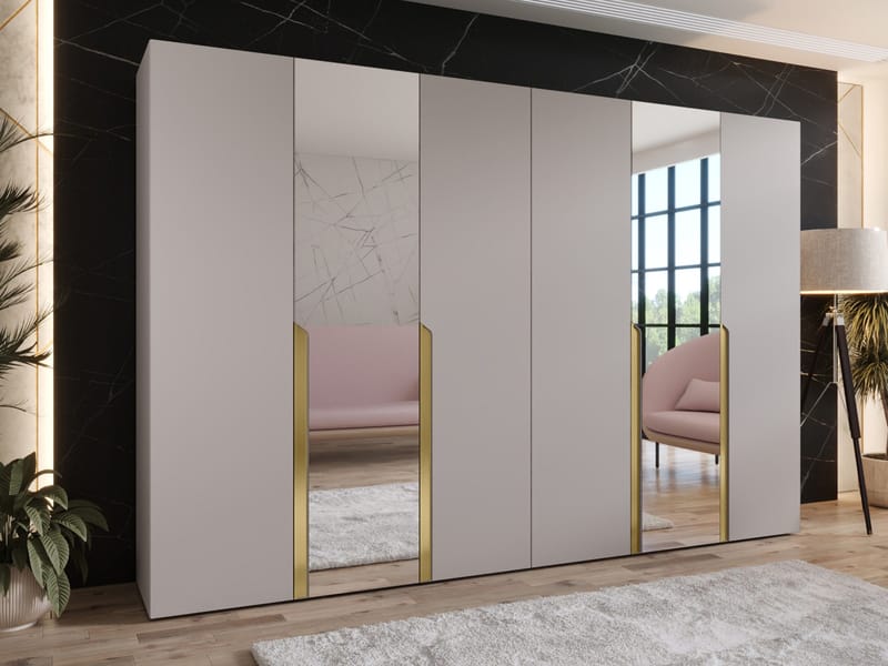 Milias-vaatekaappi peilillä 300x202 cm - beige / kulta - Säilytys - Vaatesäilytys - Vaatekaappi