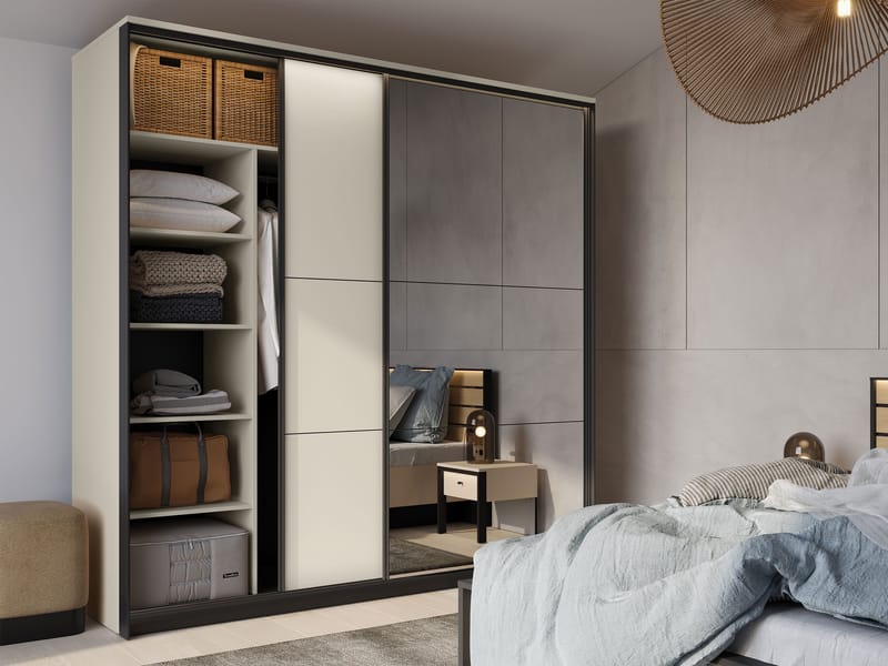 Navron Vaatekaappi peilillä 220x221 cm - Beige - Säilytys - Vaatesäilytys - Vaatekaappi