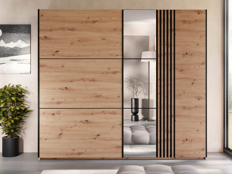 Osval Vaatekaappi peilillä 250x215 cm - Ruskea/Musta - Säilytys - Vaatesäilytys - Vaatekaappi