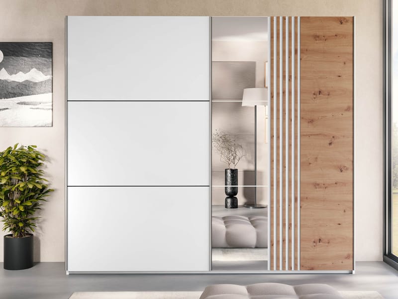 Osval Vaatekaappi peilillä 250x215 cm - Valkoinen/Ruskea - Säilytys - Vaatesäilytys - Vaatekaappi