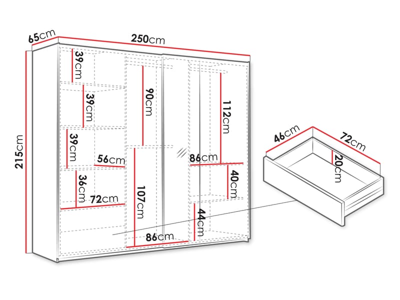Osval Vaatekaappi peilillä 250x215 cm - Valkoinen/Ruskea - Säilytys - Vaatesäilytys - Vaatekaappi