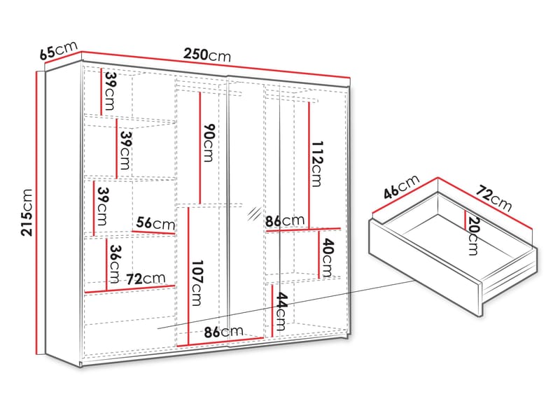 Osval Vaatekaappi peilillä 250x215 cm - Ruskea/Musta - Säilytys - Vaatesäilytys - Vaatekaappi