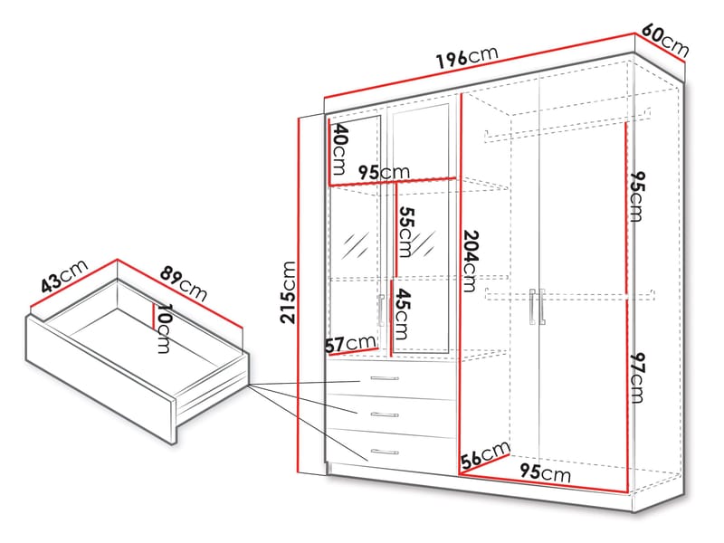 Pekin Vaatekaappi Peilillä 215 cm - Säilytys - Vaatesäilytys - Vaatekaappi
