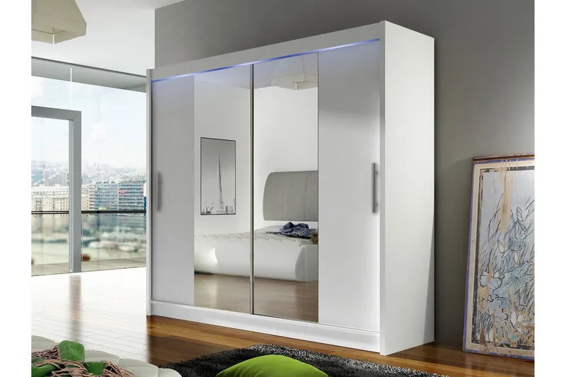 Prag Vaatekaappi Peilillä 180x215 cm - Valkoinen - Säilytys - Vaatesäilytys - Vaatekaappi