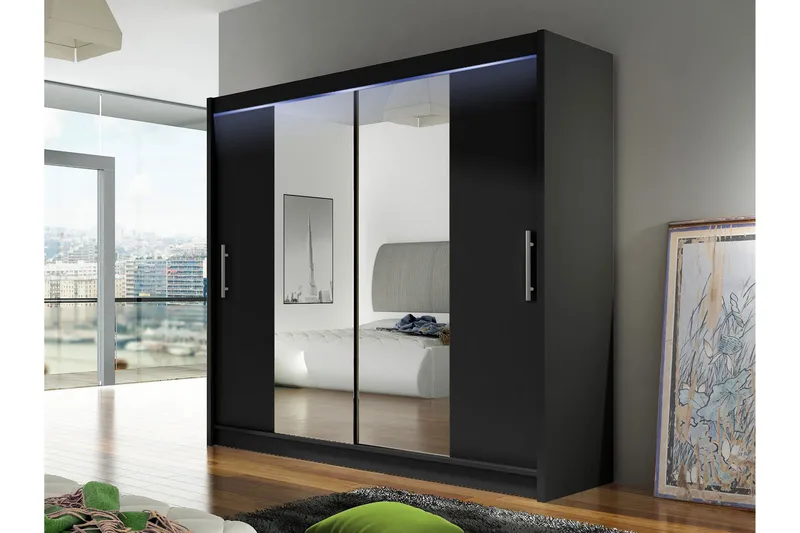 Prag Vaatekaappi Peilillä 180x215 cm - Musta - Säilytys - Vaatesäilytys - Vaatekaappi