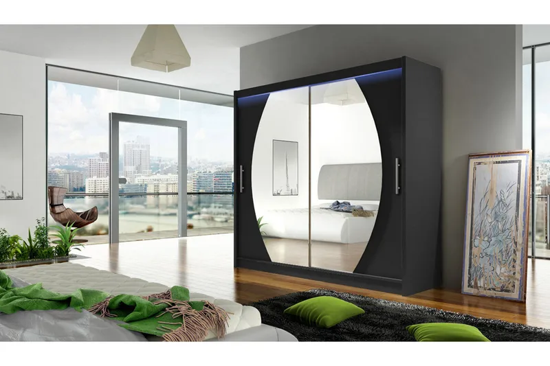 PRAG Vaatekaappi Peilillä 180x215 cm Musta - Musta - Säilytys - Vaatesäilytys - Vaatekaappi