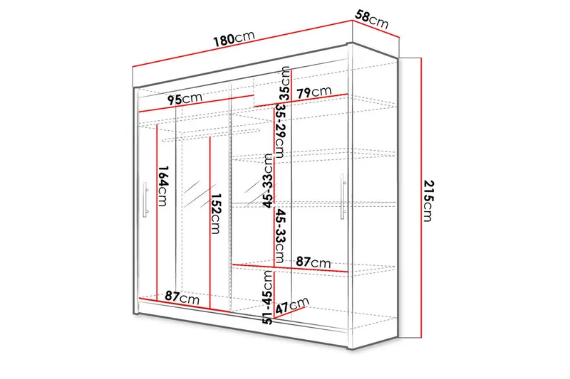 Prag Vaatekaappi Peilillä 180x215 cm - Valkoinen - Säilytys - Vaatesäilytys - Vaatekaappi