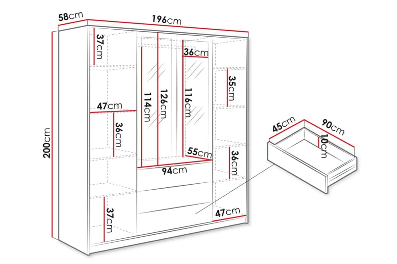 Retro Vaatekaappi W. Peili 196x200 cm - Säilytys - Vaatesäilytys - Vaatekaappi