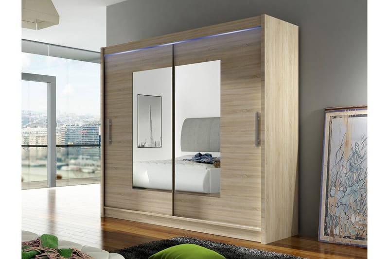 Rilievo Vaatekaappi Peilillä 180x215 cm - Valkoinen/Ruskea - Säilytys - Vaatesäilytys - Vaatekaappi