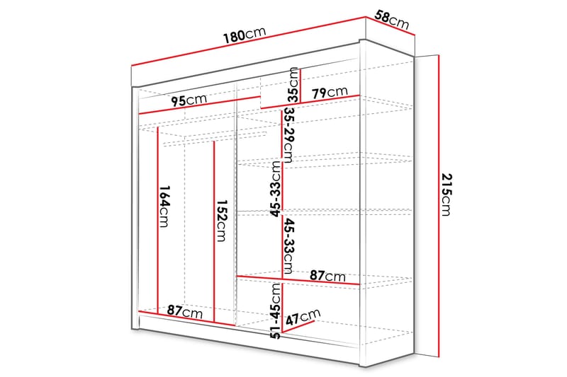 Rilievo Vaatekaappi Peilillä 180x215 cm - Musta - Säilytys - Vaatesäilytys - Vaatekaappi