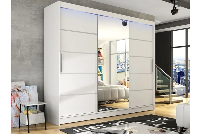 SIA Vaatekaappi Peilillä 250x215 cm Valkoinen - Valkoinen - Säilytys - Vaatesäilytys - Vaatekaappi