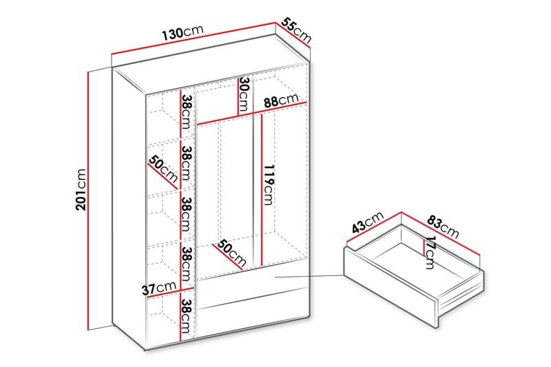 Sigmana Vaatekaappi 130x201 cm - Ruskea - Säilytys - Vaatesäilytys - Vaatekaappi