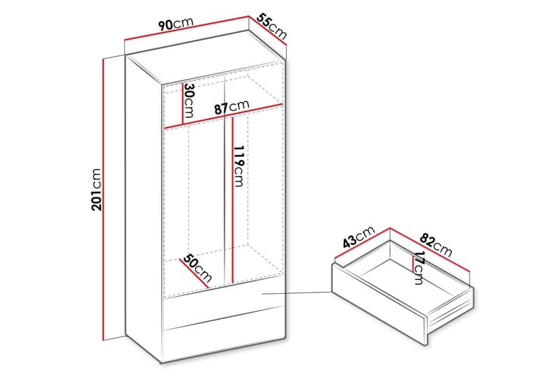 Sigmana Vaatekaappi 90x201 cm - Vaalean Harmaa - Säilytys - Vaatesäilytys - Vaatekaappi