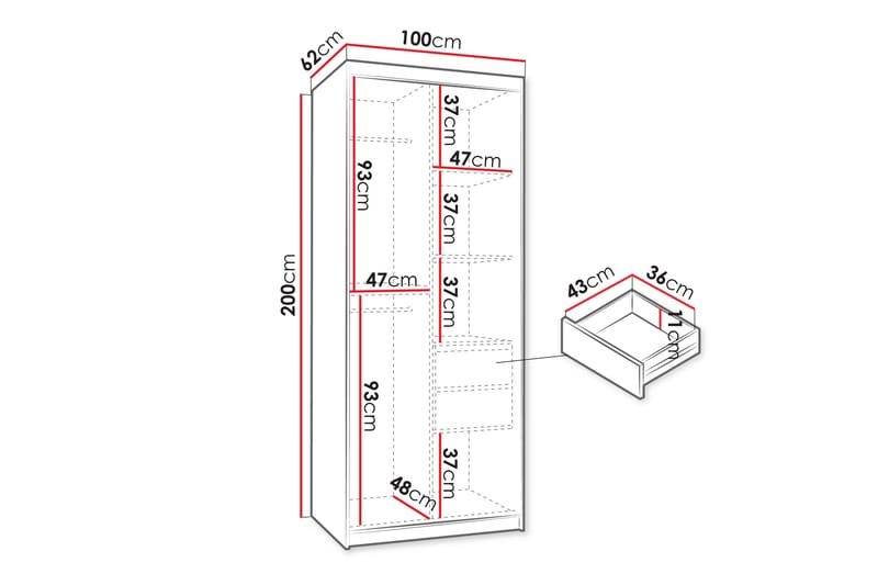 Tallmo Vaatekaappi Peilillä 100x200 cm - Säilytys - Vaatesäilytys - Vaatekaappi