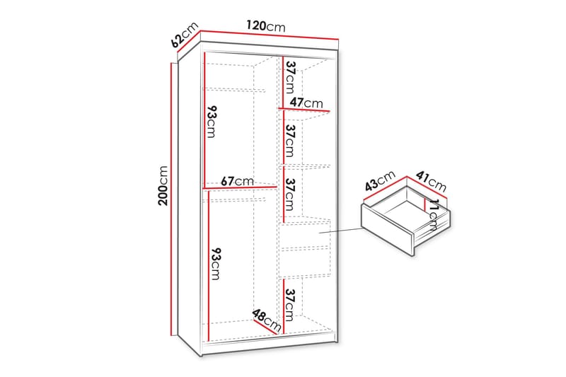 Tallmo Vaatekaappi Peilillä 120x200 cm - Säilytys - Vaatesäilytys - Vaatekaappi
