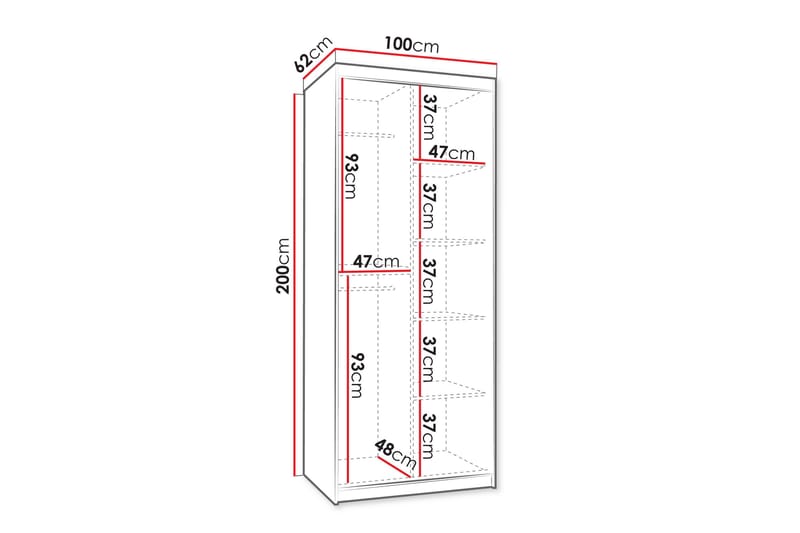 Tallmo Vaatekaappi Peilillä 100x200 cm - Säilytys - Vaatesäilytys - Vaatekaappi