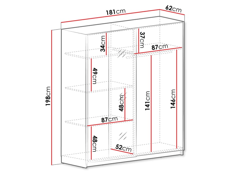 Tyrelon Vaatekaappi peilillä 181x198 cm - valkoinen - Säilytys - Vaatesäilytys - Vaatekaappi