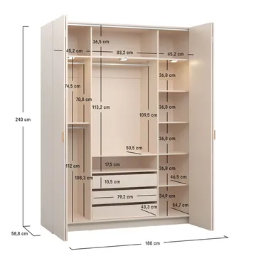 Vaatekaappi 4 You Fresh 4 Ovea - Hiekkabeige, 240,6 cm - Säilytys - Vaatesäilytys - Vaatekaappi