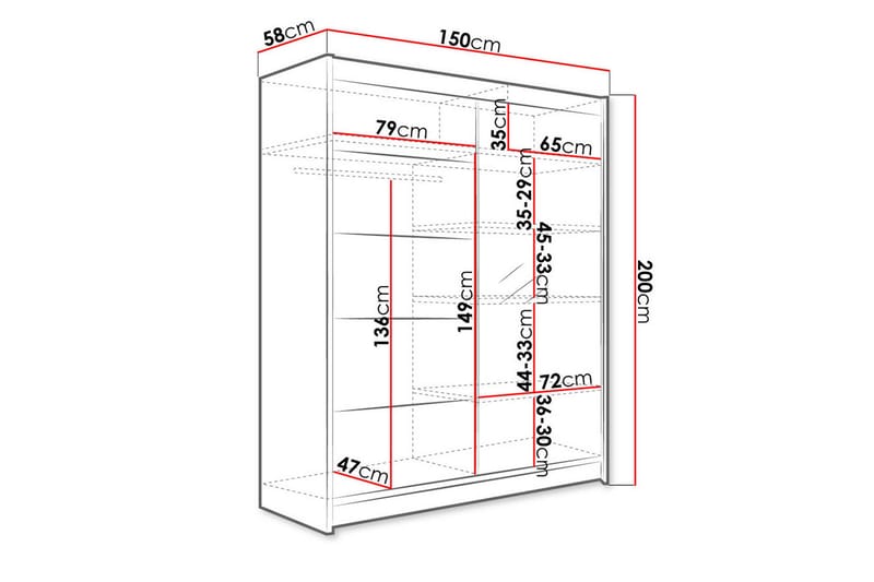 Vaatekaappi Camino 58x150 cm LED-valaistus - Musta/Valkoinen - Säilytys - Vaatesäilytys - Vaatekaappi