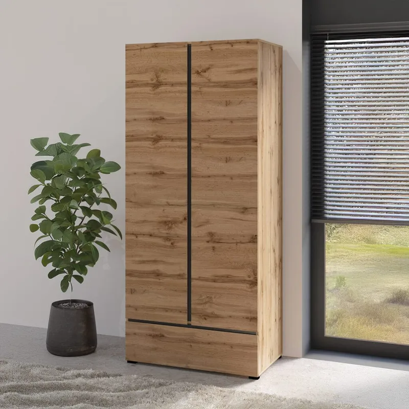 Vaatekaappi Cross S 2 ovea ja 1 laatikko - Wotan tammi - Säilytys - Vaatesäilytys - Vaatekaappi