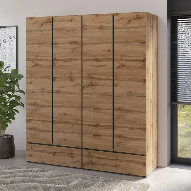 Vaatekaappi Cross S 4 ovea ja 2 laatikkoa - Wotan tammi - Säilytys - Vaatesäilytys - Vaatekaappi