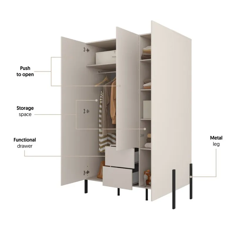 Vaatekaappi Jukon S 3 ovea ja 2 laatikkoa - Säilytys - Vaatesäilytys - Vaatekaappi
