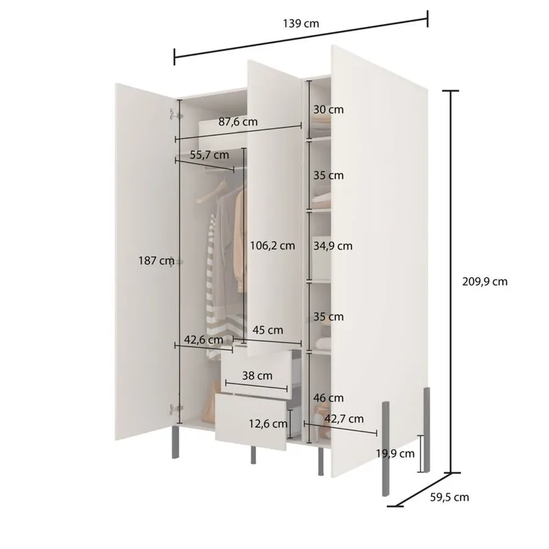 Vaatekaappi Jukon S 3 ovea ja 2 laatikkoa - Säilytys - Vaatesäilytys - Vaatekaappi