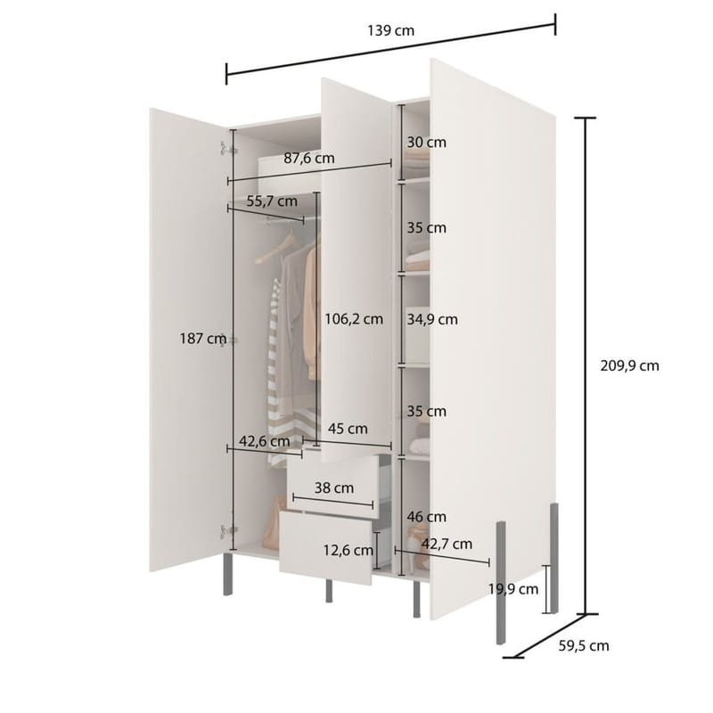 Vaatekaappi Jukon S 3 ovea ja 2 laatikkoa - Säilytys - Vaatesäilytys - Vaatekaappi